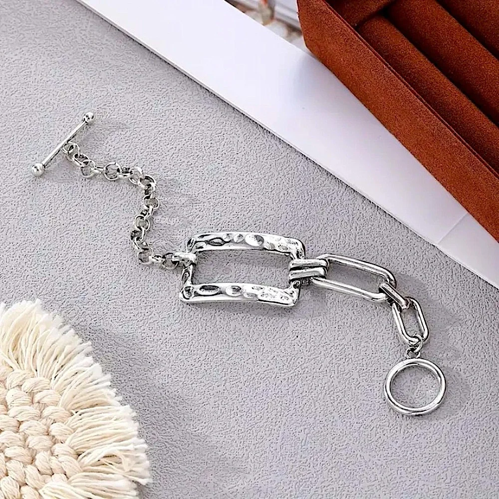 Stainless Steel Rectangular Bracelet Boho Hammered Chain Link